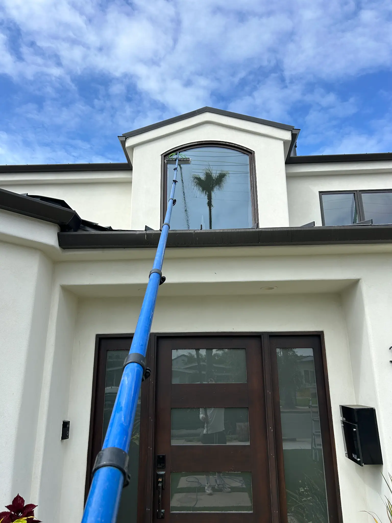 Squeegee Shark extended water-fed pole reaching arched second-story window